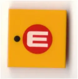 Bright Light Orange Tile 2 x 2 with Black Dot and White 'E' in Red Circle Pattern