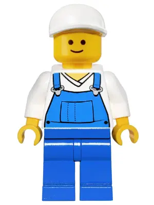 Overalls Blue over V-Neck Shirt, Blue Legs, White Short Bill Cap