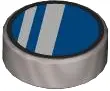 Flat Silver Tile, Round 1 x 1 with Blue Circle with Black Outline and 2 White Stripes Pattern (Glass