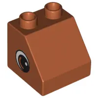 Dark Orange Duplo, Brick 2 x 2 x 1 1/2 Slope 45 with Circled Black Eye with Arc and White Pupil Patt