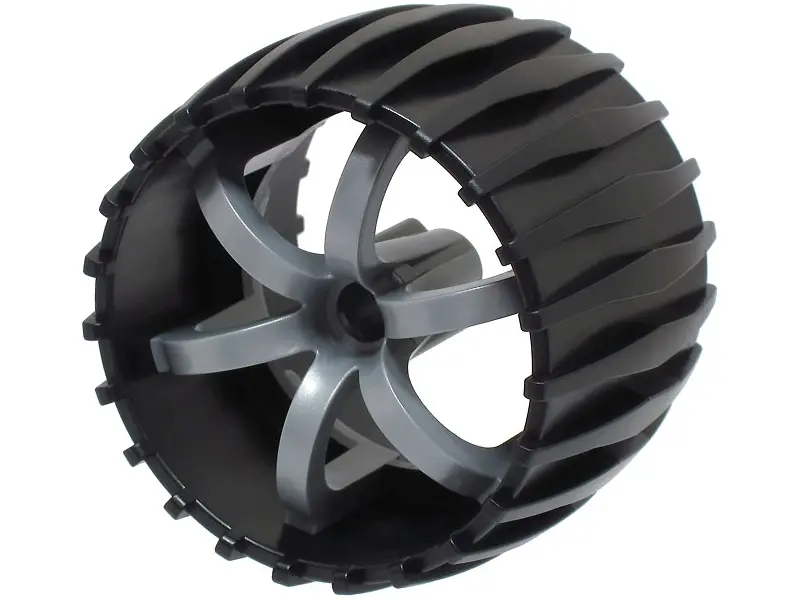 Black Wheel Hard Plastic, Treaded 49.5mm D. x 37.5mm with Molded Flat Silver Spokes Pattern