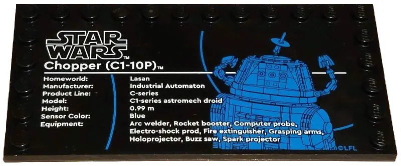Black Tile, Modified 6 x 12 with Studs on Edges with Star Wars Logo and 'Chopper (C1-10P)' Pattern