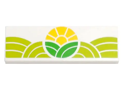 White Tile 2 x 6 with Bright Green and Lime Hills and Yellow Sun Pattern