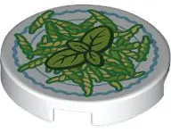 Tile, Round 2 x 2 with Bottom Stud Holder with Dish with Green and Bright Light Yellow Pasta and Lim