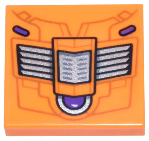 Orange Tile 2 x 2 with Mechanical Panel with Silver Vents and Dark Purple Button and Ovals Pattern