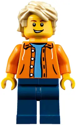 Orange Jacket with Hood over Light Blue Sweater, Dark Blue Legs, Tan Tousled Hair, Open Lopsided Gri