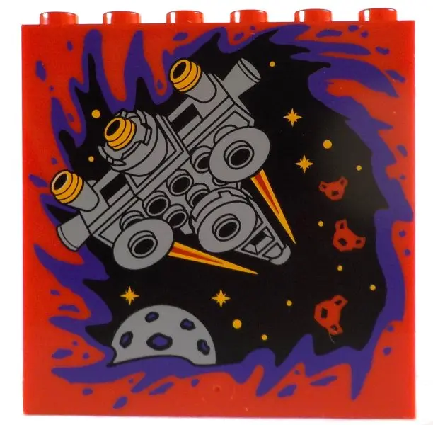 Panel 1 x 6 x 5 with Light Bluish Gray Spaceship, Planet and Stars on Black Background with Dark Pur