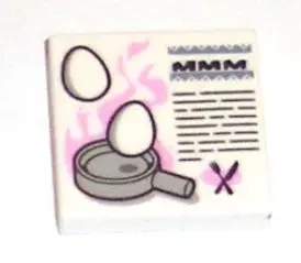 White Tile 2 x 2 with 'MMM', Eggs and Frying Pan Pattern