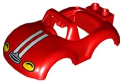 Red Duplo Car Body with Windscreen Frame with Yellow Headlights and White Racing Stripes Pattern