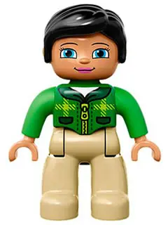 Duplo Figure Lego Ville, Female, Tan Legs, Green Top with Tartan Plaid and Zipper, Bright Green Arms