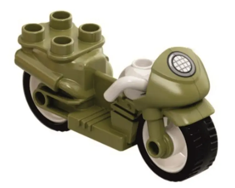 Olive Green Duplo Motorcycle with Rubber Wheels, White Handlebars and Headlight Pattern