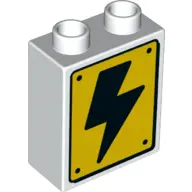 White Duplo, Brick 1 x 2 x 2 with Black Lightning Bolt on Yellow Sign on One Side, Dinosaur Eggs on 