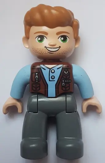 Duplo Figure Lego Ville, Male, Dark Bluish Gray Legs, Reddish Brown Vest, Dark Tan Hair (Jurassic Wo