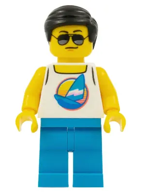 Beach Tourist - Male, White Tank Top with Dark Azure Sailboat, Dark Azure Legs, Black Hair Short Com