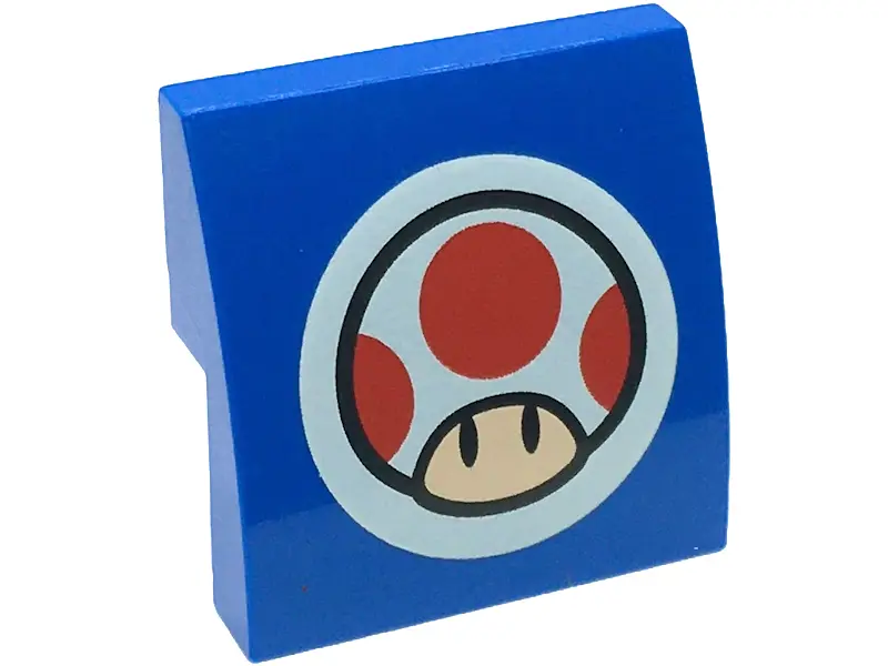 Blue Slope, Curved 2 x 2 x 2/3 with Super Mario Toad Head Logo on White Circle Pattern