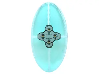 Trans-Light Blue Minifigure, Shield Elliptical with Silver Mechanical Pattern