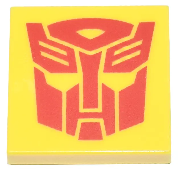 Yellow Tile 2 x 2 with Red Robot Mask Transformers Autobot Symbol Pattern