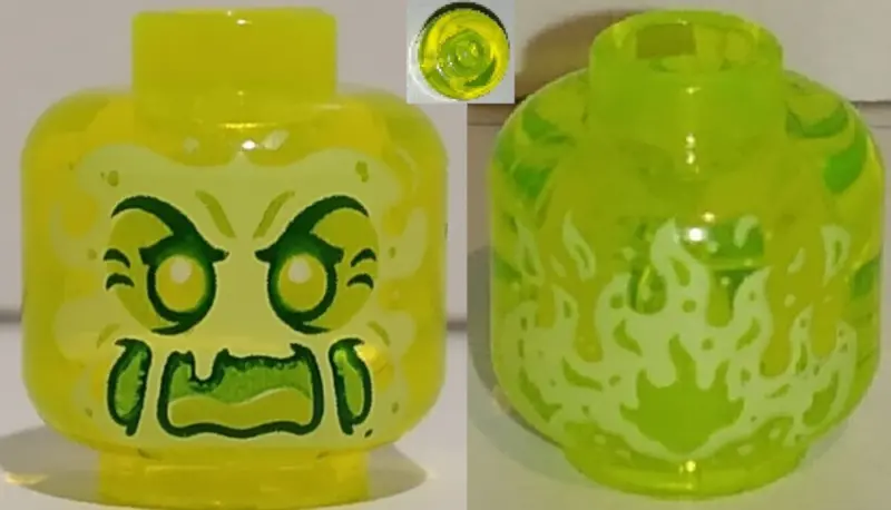 Trans-Neon Green Minifigure, Head Alien Ghost with Yellowish Green Face, Cheeks, Large Raised Eyebro