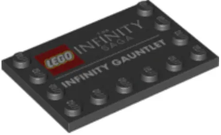 Black Tile, Modified 4 x 6 with Studs on Edges with 'THE INFINITY SAGA' and 'INFINITY GAUNTLET' Patt