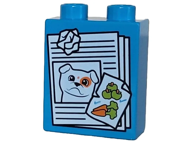Dark Azure Duplo, Brick 1 x 2 x 2 with White Paper with Dog and Orange and Lime Apples and Carrots P