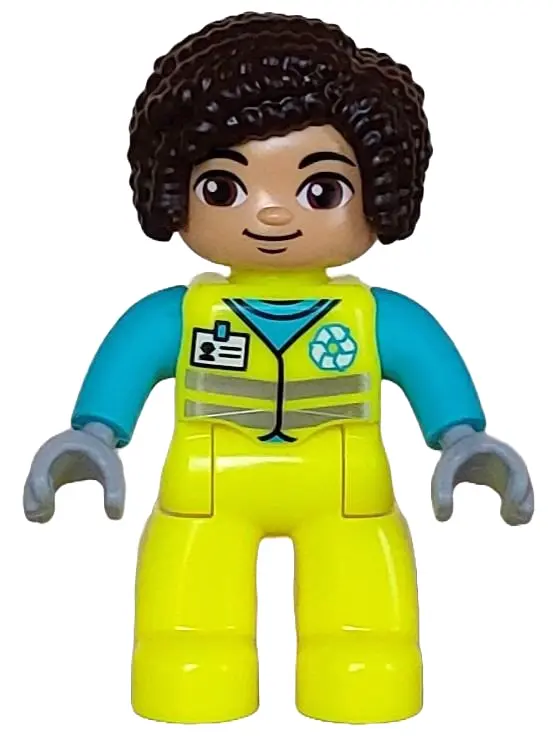 Duplo Figure Lego Ville, Female Garbage Worker, Neon Yellow Uniform, Medium Azure Shirt with White N