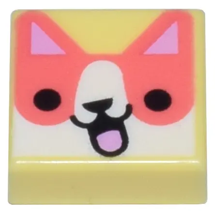 Bright Light Yellow Tile 1 x 1 with Coral and White Dog Head with Bright Pink Ears, Black Nose, and 