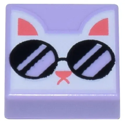 Lavender Tile 1 x 1 with White Cat Head with Black Sunglasses and Coral Ears, Nose, and Mouth Patter