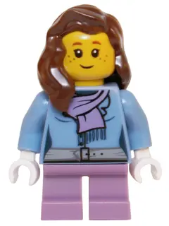 Medium Blue Jacket with Light Purple Scarf, Medium Lavender Short Legs, Reddish Brown Female Hair ov