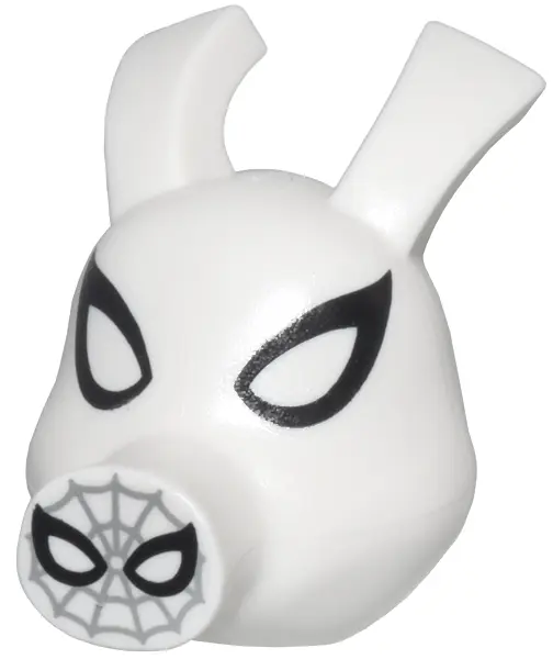 White Minifigure, Head, Modified Pig, Long Snout and Ears with Light Bluish Gray Spider-Man Web on S