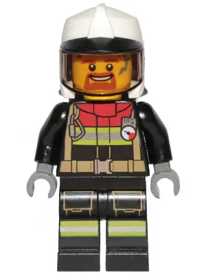 Fire - Male, Black Jacket and Legs with Reflective Stripes and Red Collar, White Fire Helmet, Trans-