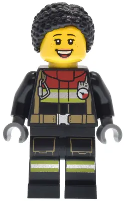 Fire - Female, Black Jacket and Legs with Reflective Stripes and Red Collar, Black Hair Braided with