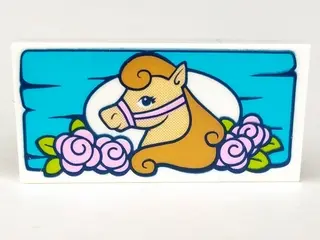 White Tile 2 x 4 with Tan Horse and Pink Flowers on Medium Azure Board Pattern