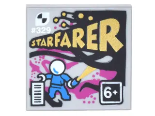 Light Bluish Gray Tile 2 x 2 with Comic Book Cover with '#329', 'STARFARER', and '6+' Pattern