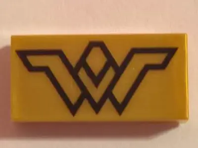 Pearl Gold Tile 1 x 2 with Black Wonder Woman Logo Pattern