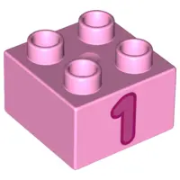 Bright Pink Duplo, Brick 2 x 2 with Number 1 Dark Pink Pattern