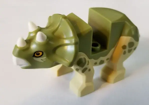 Tan Dinosaur Triceratops Baby with Fixed Olive Green Top with Molded White Horns and Beak and Printe