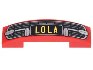 Red Slope, Curved 4 x 1 x 2/3 Double with Silver Car Grille and Bumper and Yellow 'LOLA' Pattern