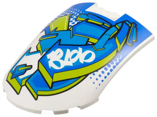 White Windscreen 8 x 6 x 2 Curved with Blue, Dark Azure, and Lime Arrows and 'BLOb" Pattern
