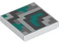 White Tile 2 x 2 with Pixelated Dark Bluish Gray, Dark Turquoise and Light Bluish Gray Shapes and Sq