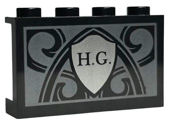 Black Panel 1 x 4 x 2 with Side Supports - Hollow Studs with 'H.G.' on Silver Shield and Ornate Pear