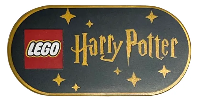 Pearl Gold Tile, Round 2 x 4 Oval with LEGO Logo, 'Harry Potter', and Stars on Black Background Patt
