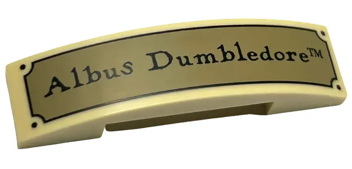 Tan Slope, Curved 4 x 1 x 2/3 Double with Black 'Albus Dumbledore' on Gold Plaque Pattern