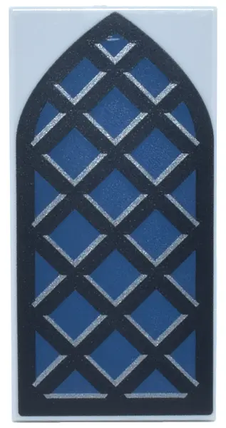 Light Bluish Gray Tile 2 x 4 with Dark Blue Arched Window with Black and Silver Frame and Lattice Pa