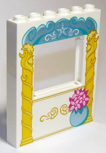 White Panel 1 x 6 x 6 with Window with Bright Light Orange Pillars and Round Vase with Flowers Patte