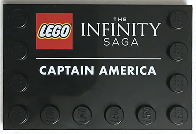 Black Tile, Modified 4 x 6 with Studs on Edges with 'THE INFINITY SAGA' and 'CAPTAIN AMERICA' Patter