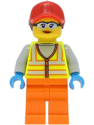 Reach Stacker Driver - Female, Neon Yellow Safety Vest with Reflective Stripes, Orange Legs, Red Bal