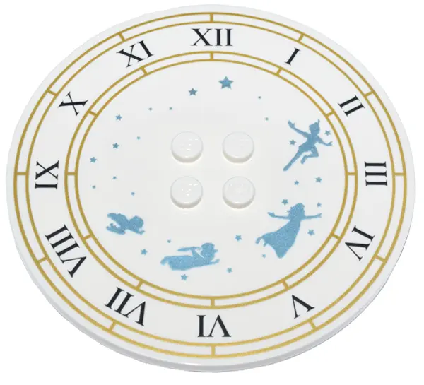 White Tile, Round 8 x 8 with 4 Studs in Center with Clock Face, Gold Circles, Black Roman Numerals, 