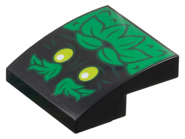 Black Slope, Curved 2 x 2 x 2/3 with Smiling Tree Face with Lime Eyes, Green Leaves Eyebrows, Mousta