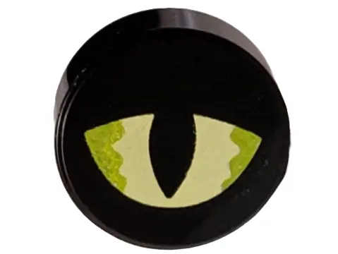 Black Tile, Round 1 x 1 with Yellowish Green and Lime Eye Partly Closed with Slit Pupil Pattern (Dun