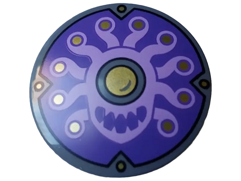 Dark Bluish Gray Minifigure, Shield Circular / Round Convex Face with Medium Lavender Monster with 1